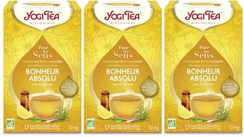 Yogi Tea - Für die Sinne, Pures Glück Ayurvedischer Bio-Kräutertee mit ätherischen Ölen, Mischung aus Grünem Tee, Zitrone und Zitronengras, Yogi Tee 3er Pack, 3x17 Beutel (51 Teebeutel insgesamt)