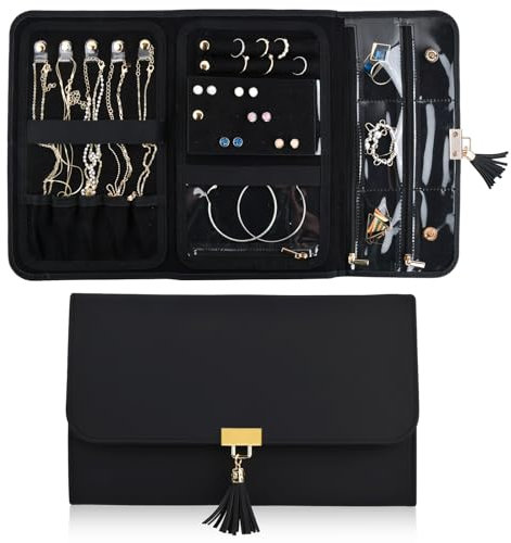 Rollo de Organizador de Joyero Viaje, Bolsa de Almacenamiento Joyas de Cuero, Rollo de Joyería Plegable Portáti Gran Capacidad, Estuche para Joyas de Viaje Collares Pulseras Pendientes Anillos (Negro)