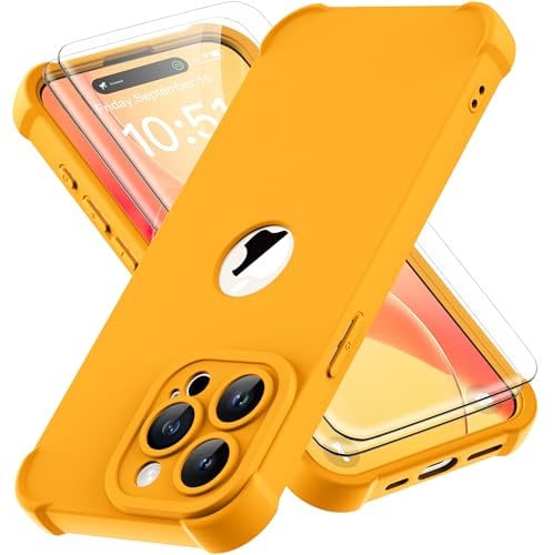 ORETECH for iPhone 15 Pro Case 6.1 inch, with [2 Pack Screen Protector] [Camera Lens Guard] [15FT Military Grade Drop Test] 360° Shockproof Slim Fit Design Rubber Bumper Phone Cover - Yellow