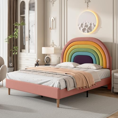 BTM Lit Double Rembourré 140x200 avec Sommier à Lattes, Lit Enfant avec Tête de Lit Réglable en Hauteur en Forme d’Arc-en-Ciel, pour Adultes et Enfants, en Velours, Rose (sans Matelas)
