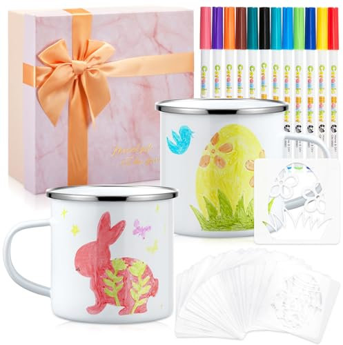 Geiserailie DIY Tasses de Pâques Kit de Tasse à Peindre Comprenant 2 Tasses en Émail Vierges 12 Pinceaux de Couleur 30 Modèles de Peinture de Lapin Œufs de Pâques avec Coffret Cadeau de Pâques