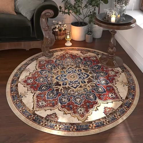 Tospass Vintage Boho Rund Teppich Waschbarer Wohnzimmer Orientalischer Stil Sofa Teppich Kurzflor Couchtischmatte, Bunter Muster Rutschfester Carpet für Schlafzimmer. 100 cm