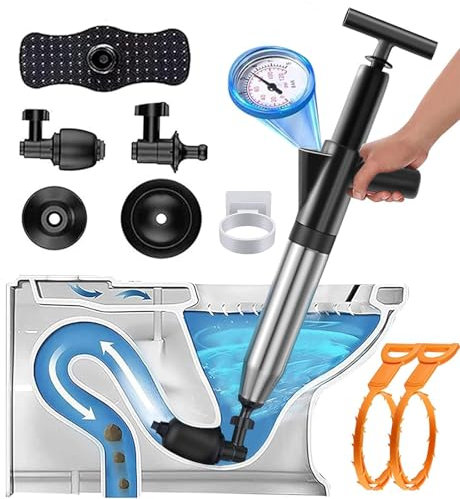 NiC IS COCNG Stura WC, pompa stura scarichi a pressione, sturalavandino ad aria compressa, stura lavandini e scarichi professionale, 3 diverse ventose e la pulizia del lavandino (C)