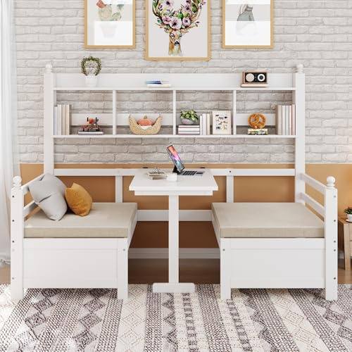NNJN Multifunktionales Massivholz Schlafsofa 200x90 cm, 2-in-1 Bett und Schreibtisch, Frei Umbaubar, Mit Bücherregal Zur Aufbewahrung, Mit Bequemen Kissen, Gästebett Einzelholzbett (Weiß)