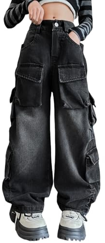 Rolanko Pantalon Cargo Baggy pour Filles, Jeans Streetwear Élastique à Taille Haute et à Jambes Larges avec Poches Multiples, Rétro Noir, Taille: 13-15 Ans/170