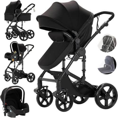 3 in1 Umkehrbarer Babyschale-Buggy | Dreibucherrahmen & Doppel-Federung | Ein-Klick-Faltmechanismus für Neugeborene und Kleinkinder(Schwarz)
