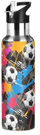 Sevdomey Borraccia per palloni da calcio con coperchio con cannuccia, 590 ml, in acciaio inox, isolamento sottovuoto, per sport, ciclismo, escursionismo, palestra, scuola a casa
