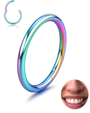 316L Chirurgenstahl 14/16/18/20G Nasenpiercing Septum Piercing Nasenring | 1 Stück Nahtloser Clicker Nasenpiercing Ring mit Scharnier 14K Gold Plated Silber Roségold Schwarz Regenbogen Blau, 5-12mm