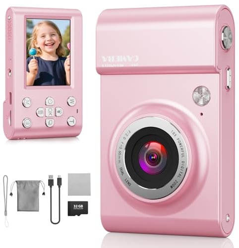 Tosaju Digitalkamera Kinder 64MP Fotokamera Vlogging Kinderkamera 18X Digitalzoom Kamera Kompaktkamera mit 2,4 LCD Bildschirm, 32G Micro Speicherkarte für Kinder Teenager Studenten Anfänger Rosa