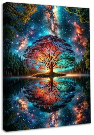 Dazzlewall Abstrakter Baum des Lebens Bild, Bunter Fantasiewald Gemäldedruck für Schlafzimmer Wohnzimmer Deko 12x16 Zoll Mit Rahmen