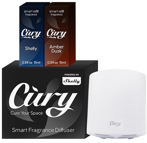 Cury by Shelly - WLAN Smart Lufterfrischer mit Schutzfunktion, Duft, Mückenabwehr, Automatisches Umschalten, Steckdosen Diffusor, Wasserloser Raumduft, LED-Beleuchtung, Zeitschaltuhr