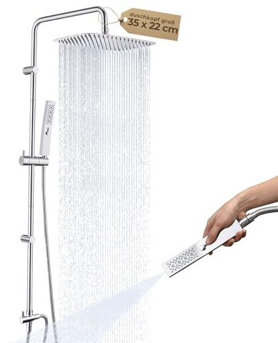 Hardivalue Ganzmetall-Duschsystem mit 35 cm Regendusche | 2-Strahl-Handbrause mit Power-Strahl, an vorhandene Bohrlöcher anpassbar, korrosionsbeständig, ohne Armatur, Chrom
