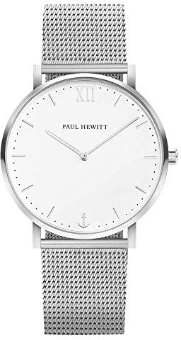 PAUL HEWITT Quarz Uhr Sailor White Sand (Unisex) – Silbernes Gehäuse, Weißes Zifferblatt, Silbernes Mesharmband, Elegant und Zeitlos, 39mm Gehäuse