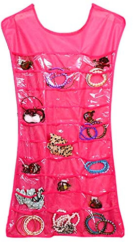 75cmx42cm Schmuckaufbewahrung Ketten mit 30 Fächer | Schmuckaufhänger Kleid für Ohrringe, Halskette, Armband | Schmuckorganizer für Schmuckaccessoires | Kleiderschrank Schmuckaufbewahrungstasche Pink