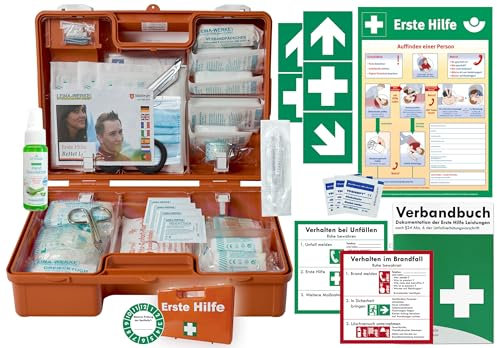 Verbandskoffer/Verbandskasten (M) Typ C -Komplettpaket- Erste Hilfe nach aktueller DIN 13157 für Betriebe -DSGVO- INKL. PERFORIERTEM VERBANDBUCH + Hygiene-Gel & AUSHANG + Aufkleber