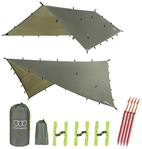 Gold Armour Rainfly Tarp Hammock, 14.7ft/12ft/10ft/8ft Rain Fly Cover, Waterproof Ultralight Ripstop Fabric, Survival Gear Backpacking Camping Tent Accessories (OD Green, 10ft x 10ft)