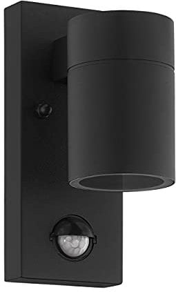 EGLO LED Außen Wandlampe Riga 5, Außenleuchte mit Bewegungsmelder, Dämmerungssensor, Wandleuchte aus verzinktem Stahl in Schwarz, Glas in Klar, LED Außenlampe warmweiß, GU10, IP44