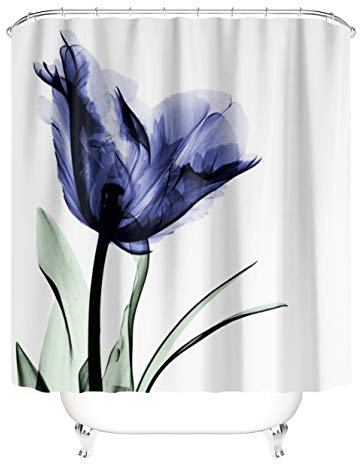 M&W DAS DESIGN Duschvorhang Tulpen Blumen lila blau Badezimmer Textil Vorhang Blätter Antischimmel Effekt waschbar Pflanzen Shower Curtain badewanne inkl. 12 C-Ringe Gewicht unten 180x200cm(BxH)