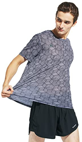 TLRUN Men's Ultra Light Running Shirts Mountain Bike MTB Base Tee Dry Fit Short Sleeve Athletic T-Shirt Cool Marathon Tops(X-Large, Black-Geometry)