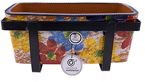CERÁMICA RAMBLEÑA | Jardinera | Jardinera balcón | Jardinera Exterior | Jardinera Rectangular | Jardinera de cerámica Primavera | 100% Decorada a Mano | 31x13x13 cm | Soporte balcón forja Incluido