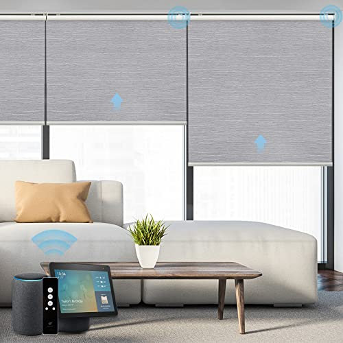 SmartWings Motorized Roller Shades, Auto Smart Window Blinds 100% Blackout with Zigbee Motor Alexa, Cordless Remote Control Rechargeable, Light Grey, W27 xH72