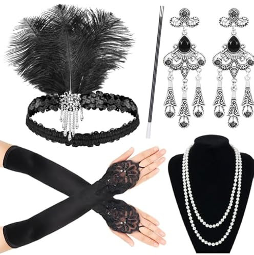 Cucudy 20er Jahre Accessoires Kostüm Damen und Herren Mafia Gatsby Kostüm Set Art Deco Flapper Party 1920s Gatsby Schmuck Damen Federboa Stirnband Accessoires Abschlussball Event (5)