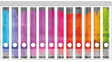 Wallario Ordnerrücken Sticker Holzpaneel - Bemaltes buntes Holz - Größe 12 Stück, Rückenschilder für 12 schmale Ordner, Klebeetiketten