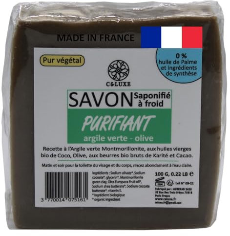 Savon PURIFIANT saponifié à Froid 100 % naturel, effet masque à l'Argile verte anti points noirs. Olive Coco Karité, peau grasse mixte normale sensible. Artisanal français 100 gr. (Lot de 1 unité)