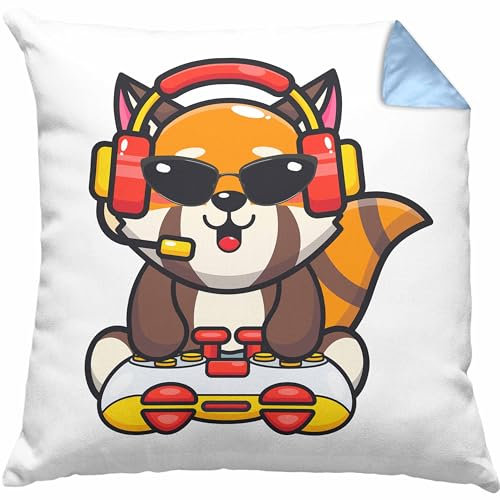 Gaming Panda Kissen mit Füllung 40x40 Kinder Geschenkidee für Jungs Mädchen Lustige Grafik Gaming Jungen Gamer (Blau)