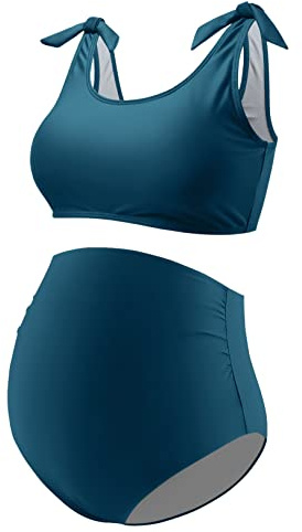 GINKANA Conjunto de bikini de maternidad de dos piezas, traje de baño de embarazo, tirantes de hombro y cintura alta, trajes de baño de embarazo, verde azulado, Medium