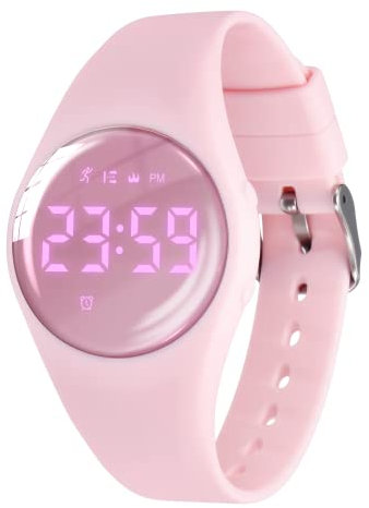 Reloj de pulsera digital con podómetro, vibración, alarma, distancia, cronómetro y ejercicio, resistente al agua, recargable, para actividades al aire libre, para niños y niños, 52-dj-rosa, Correa:
