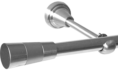 BASIT Gardinenstange Edelstahllook 16mm 1-läufig Wand 160cm lang H14 | Gardinenstangenset einläufig Wandmontage Metall Vorhangstange Wandhalterung 120-600cm wählbar Kappe Kegel E11