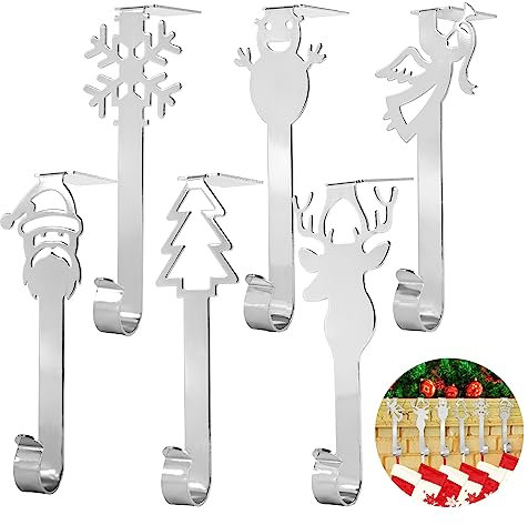 6 Stück Weihnachtsstrümpfe Halter mit Anti Rutsch, Nikolausstiefelhalter Halter Halterung Kamin Haken, NO-Slip Strumpfhalter Matte Weihnachtsbaum Nikolaus Rentier Schneeflocken Style (Silber)