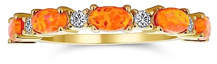 Dünne CZ Akzent Stapelbar 1/2 Ewigkeit Oval Mexikanischen Orange Erstellt Opal Bandring Für Frauen Gelb 14K Gold Vergoldet .925 Sterlingsilber 1MM Band Oktober Geburtsstein