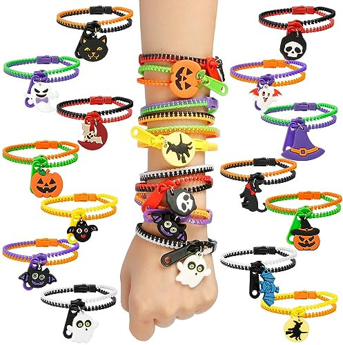 LANMOK 28 Stück Halloween Reißverschluss Armbänder Kinder Zip Freundschaftsarmbänder Zappeln Armbänder mit Geister Kürbis Hexe Anhänger für Jungen Mädchen Partys Halloween Mitgebsel Geschenktüten