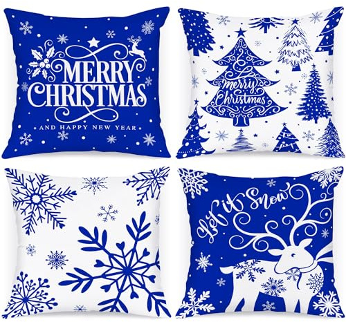 Lanpn 4 Stück Weiß und Blau Kissenbezug Weihnachten Kissenhülle 40x40 cm, Winterliche Schneeflocken Dekorative Weihnachtskissen für Weihnachtsdeko Christmas Bettwäsche Sofa Decorations (Dunkelblau)