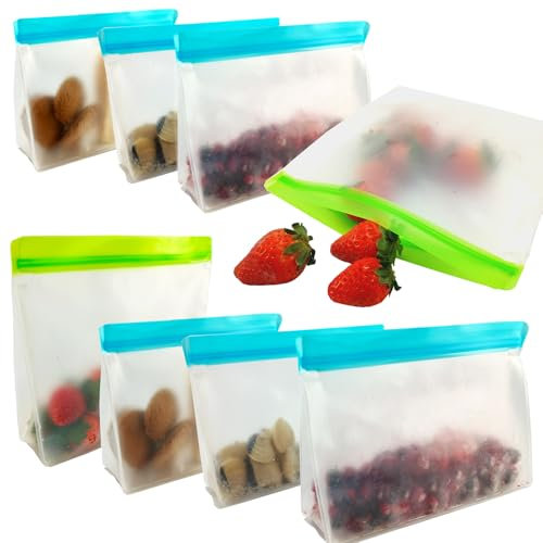 8 Bolsas de Silicona Reutilizables Verticales, Portabocadillos Reutilizable Niños, Bolsas ZIP Congelar Alimentos Reutilizables, Bolsas Herméticas Congeladores, PEVA Bolsas Silicona Reutilizables