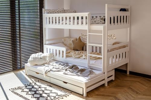Hochbett 90x200 mit 3 Matratze, Ausziehbett Etagenbett mit Ausziehfunktion, Zwei Schubladen, Lattenrost, Rausfallschutz umbaubar in DREI Einzelbetten, Vollholz massiv, weiß | von 4. bis 18. Lebensjahr