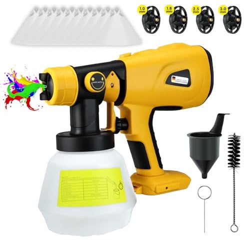 Sistema de pulverización de pintura eléctrico inalámbrico para Dewalt 20 V con recipiente de 1000 ml, 3 modos de pulverización, 4 boquillas de latón, pistola de pulverización de pintura para casa