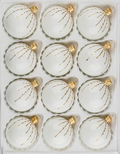 Navidacio 12 TLG. Glas-Weihnachtskugeln Set in Hochglanz Weiss Gold Regen - Neuheit - Christbaumkugeln - Weihnachtsschmuck-Christbaumschmuck