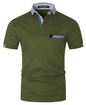 LIUPMWE Poloshirts Herren Kurzarm Golf Poloshirts mit Tasche Kontrastfarbe Ausschnitt Baumwolle Basic T-Shirt Polohemd Sommer,L,Grün+New