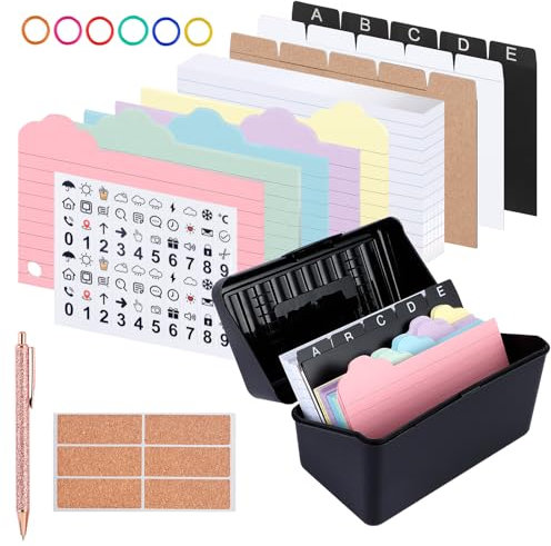 AIVORO Karteikarten Box Karteikasten inkl. 340 Karteikarten 6 Ringen 6 Kieferetiketten 2 Alphabetaufkleber 1 Goldener Neutraler Stift Lernkarteibox für Lernen Notizen Schulsachen Büro Zuhause