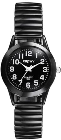 JewelryWe Uhren Damen Elastisch Edelstahl: Analog Quarz Armbanduhr Schwarz Stretch-Armband Damenuhr Schwarz Runde Zifferblatt mit großen weißen Arabischen Zahlen Frauen Geschäfts Lässige Uhr