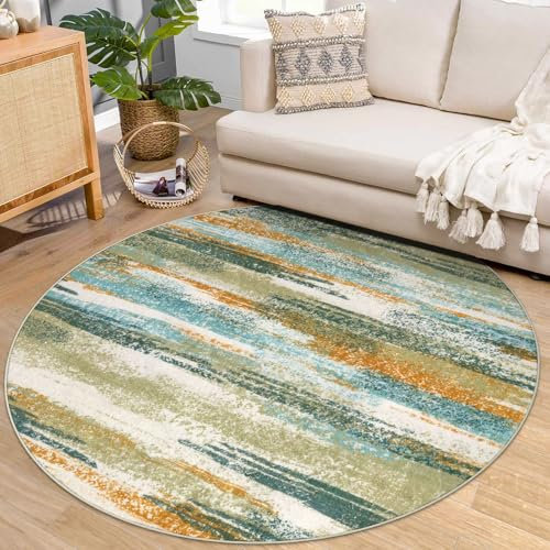 Lansny Moderner abstrakter runder Teppich, 1,8 m, grüner Senf, waschbar, rutschfest, weich, rund, für Esszimmer, Esszimmer, dünner Druck, Kunstwolle, Teppich für Schlafzimmer, Wohnzimmer, Büro