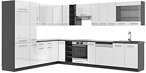 Vicco Eckküche Fame-Line, Weiß Hochglanz/Anthrazit, 347 x 257 cm | 16 Module · Höhenverstellbare Füße · Arbeitsplatte Anthrazit · MDF-Fronten · Softclose · Metallgriffe