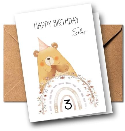 Boho-Geburtstagskarten für Kinder – niedliche Tiermotive, personalisiert mit Name und Alter, für den perfekten Kindergeburtstag! (Bär)