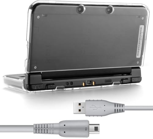 Funda para 3DS XL con cable de carga USB – Carcasa rígida transparente ultra transparente para 3DS XL LL 2015 - [Nuevo diseño modificado sin bisagras] (2)