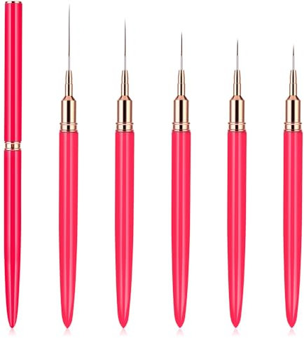 WLLHYF 5Pcs Nail Art Liner Brushes, Painting Nail Art Brushes for Long Lines, Details, Fine Drawing Nail Dotting Drawing Tool Set 7mm/9mm/11mm/15mm/25mm (Rose Red)