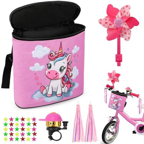 COZCLAM Lenkertasche Kinder, Laufrad Lenkertasche, Fahrradkorb Kinder Vorne mit Klingel, Windrad, Lenker-Luftschlangen & Kinderfahrrad Speichen für Kinderfahrräder, Scooter, Laufräder (Rosa)