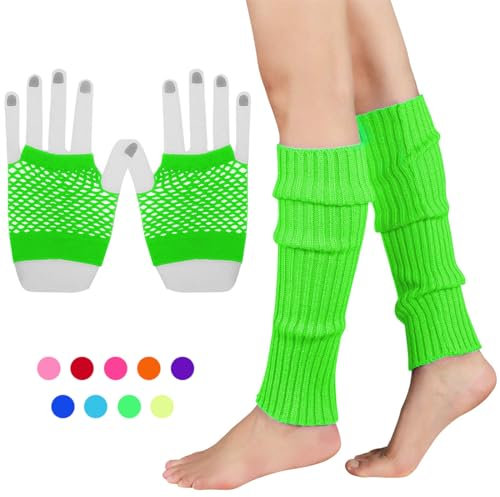 INGJIA Fischnetz Handschuhe,Elastische Neon Beinstulpen und Netzhandschuhe Set 80er Jahre Kostüm Zubehör(Grün)